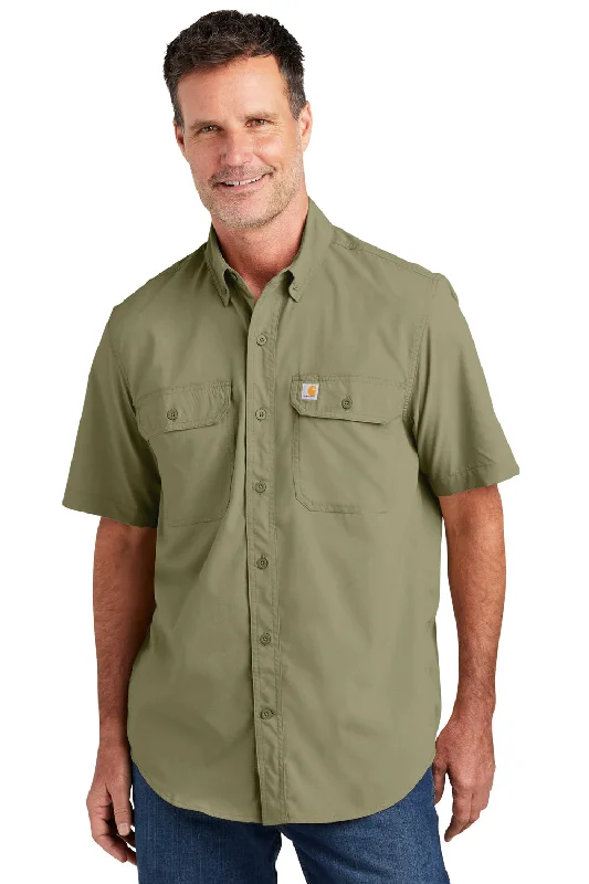Celebrity Style Carhartt Mens Force Moisture Wicking Short Sleeve Button Down Shirt w/ Double Pockets - Burnt Olive Green