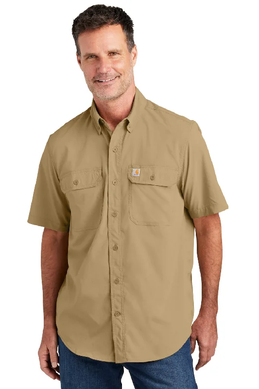 Sweet Breath Carhartt Mens Force Moisture Wicking Short Sleeve Button Down Shirt w/ Double Pockets - Dark Khaki Brown
