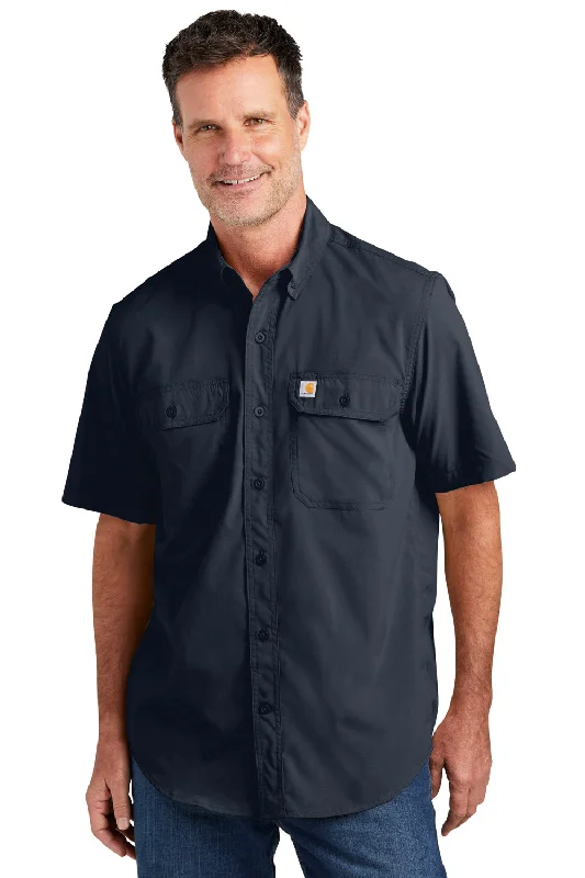 Quality Tailoring Carhartt Mens Force Moisture Wicking Short Sleeve Button Down Shirt w/ Double Pockets - Navy Blue