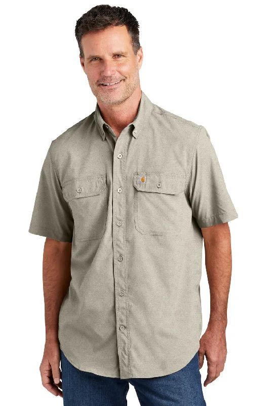 High-end Customization Carhartt Mens Force Moisture Wicking Short Sleeve Button Down Shirt w/ Double Pockets - Steel Grey