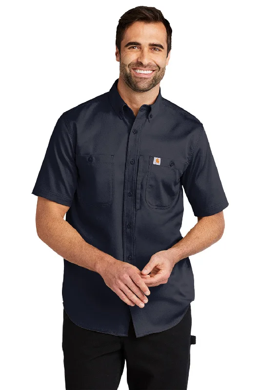 Cozy Chic Carhartt Mens Rugged Professional Series Wrinkle Resistant Short Sleeve Button Down Shirt w/ Pocket - Navy Blue
