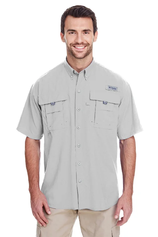 British Style Columbia Mens Bahama II Moisture Wicking Short Sleeve Button Down Shirt w/ Double Pockets - Cool Grey