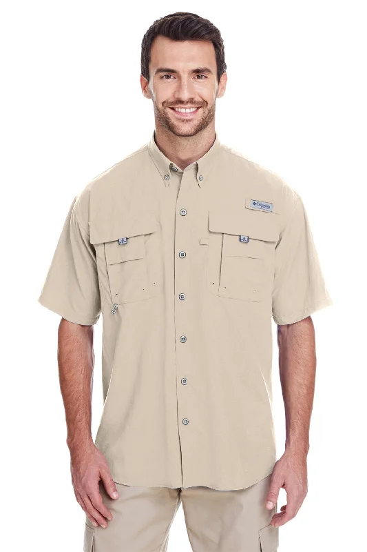 Modern Comfort Columbia Mens Bahama II Moisture Wicking Short Sleeve Button Down Shirt w/ Double Pockets - Fossil