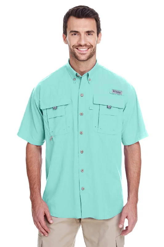 Casual Elegance Columbia Mens Bahama II Moisture Wicking Short Sleeve Button Down Shirt w/ Double Pockets - Gulf Stream Green