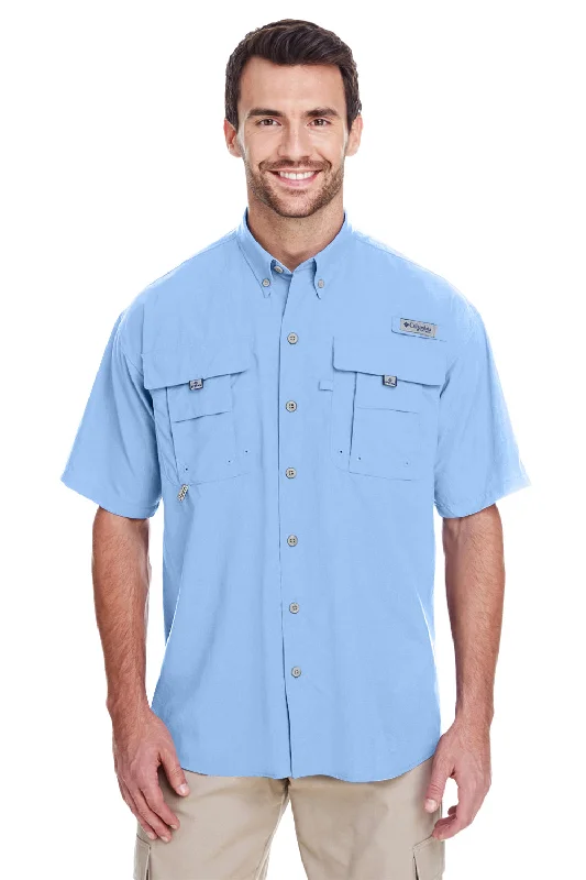 Trendy Comfort Columbia Mens Bahama II Moisture Wicking Short Sleeve Button Down Shirt w/ Double Pockets - Sail Blue