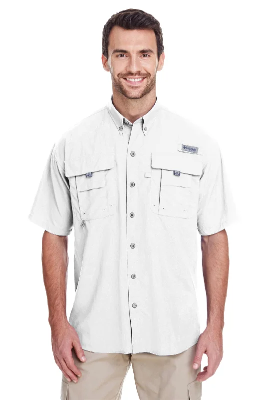 Cozy Look Columbia Mens Bahama II Moisture Wicking Short Sleeve Button Down Shirt w/ Double Pockets - White