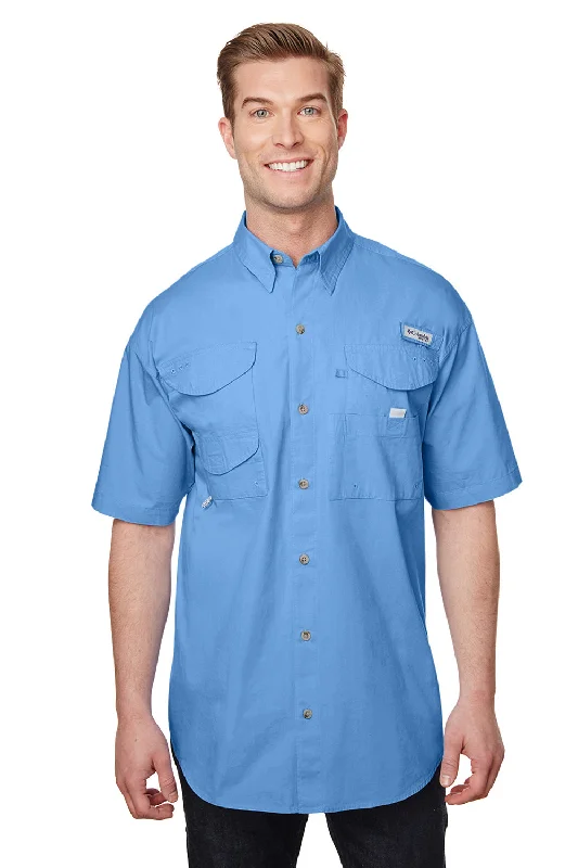 Cozy Fit Columbia Mens Bonehead Short Sleeve Button Down Shirt w/ Double Pockets - White Cap Blue