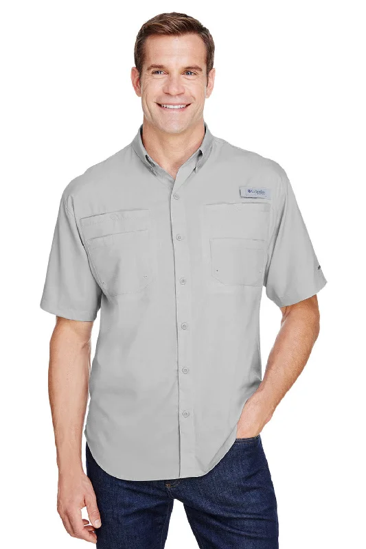 Fashionable In The Times Columbia Mens Tamiami II Moisture Wicking Short Sleeve Button Down Shirt w/ Double Pockets - Cool Grey