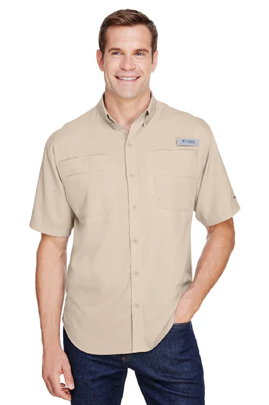 Noble And Elegant Columbia Mens Tamiami II Moisture Wicking Short Sleeve Button Down Shirt w/ Double Pockets - Fossil