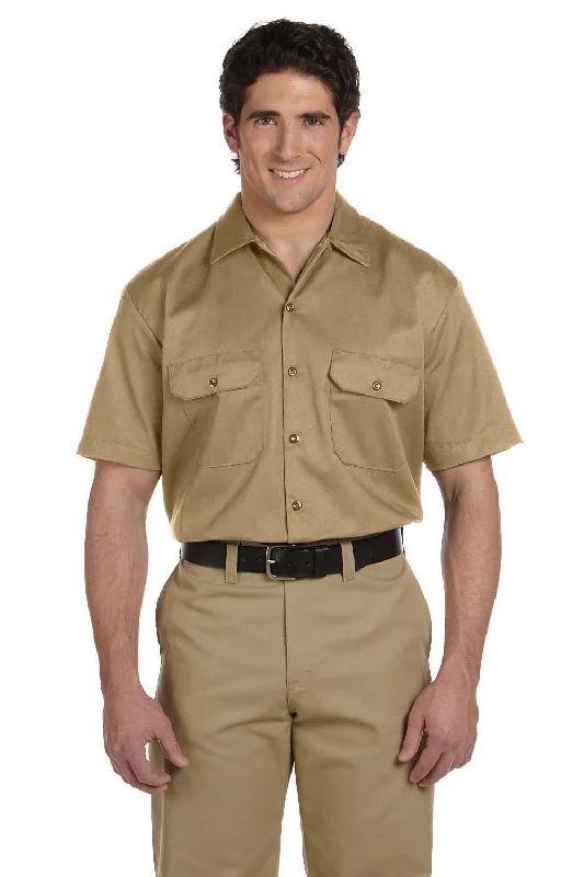 High Street Design Dickies Mens Moisture Wicking Short Sleeve Button Down Shirt w/ Double Pockets - Khaki Brown