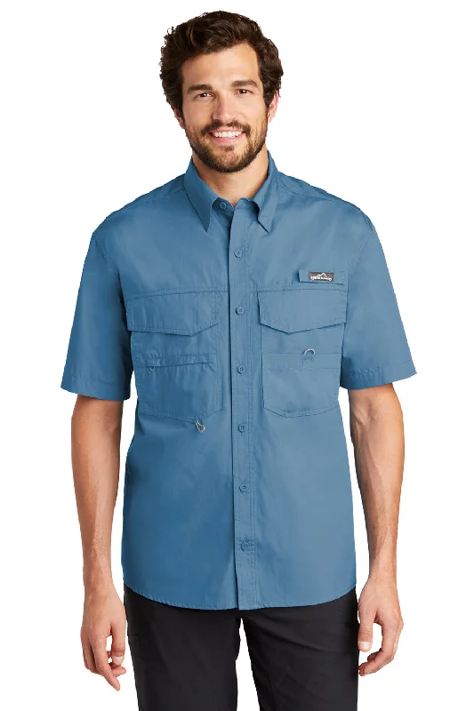 Summer Comfort Eddie Bauer Mens Fishing Short Sleeve Button Down Shirt w/ Double Pockets - Blue Gill