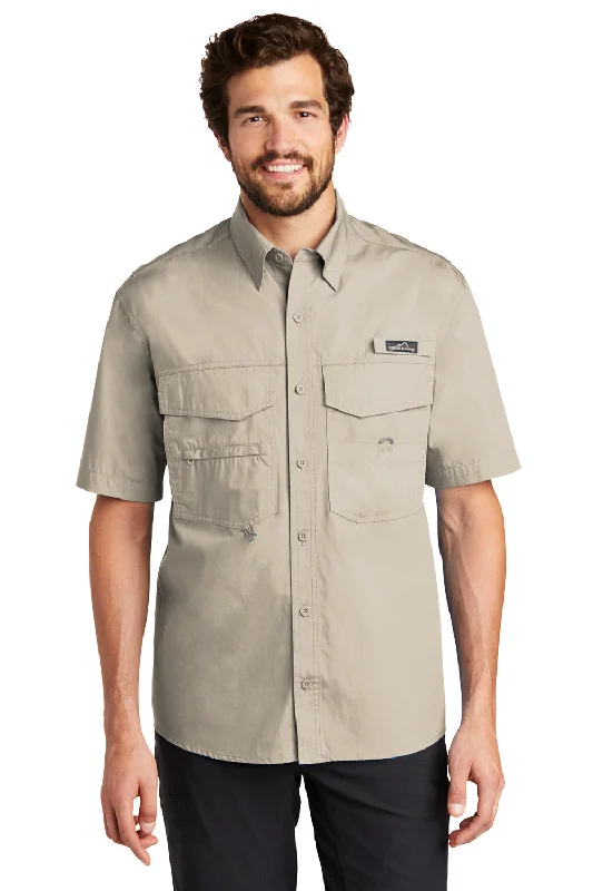 Basic Comfort Eddie Bauer Mens Fishing Short Sleeve Button Down Shirt w/ Double Pockets - Driftwood