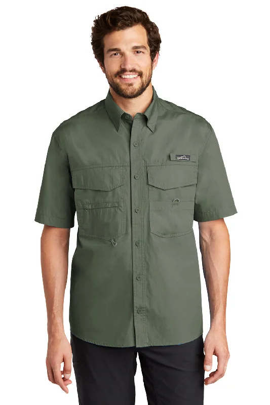Cozy Dress Eddie Bauer Mens Fishing Short Sleeve Button Down Shirt w/ Double Pockets - Seagrass Green
