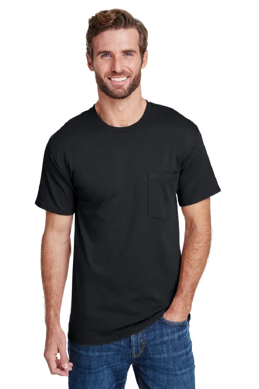 Comfortable Fitwear Hanes Mens Workwear UPF 50+ Short Sleeve Crewneck T-Shirt w/ Pocket - Black