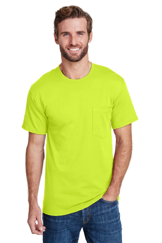 Single-shoulder Neck Design Hanes Mens Workwear UPF 50+ Short Sleeve Crewneck T-Shirt w/ Pocket - Safety Green