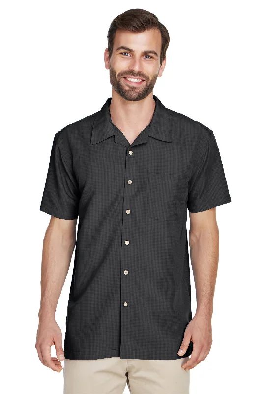 Minimalism Harriton Mens Barbados Wrinkle Resistant Short Sleeve Button Down Camp Shirt w/ Pocket - Black
