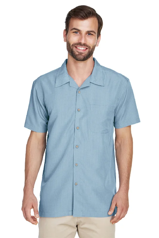 Fashion Selection Harriton Mens Barbados Wrinkle Resistant Short Sleeve Button Down Camp Shirt w/ Pocket - Cloud Blue