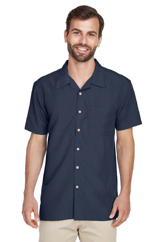 Warm Atmosphere Harriton Mens Barbados Wrinkle Resistant Short Sleeve Button Down Camp Shirt w/ Pocket - Navy Blue