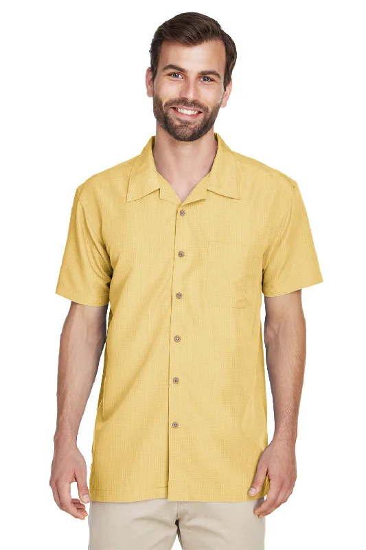 Lively And Youthful Harriton Mens Barbados Wrinkle Resistant Short Sleeve Button Down Camp Shirt w/ Pocket - Pineapple Yellow