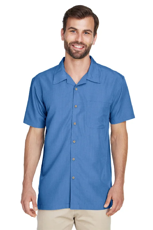 Feminine Charm Harriton Mens Barbados Wrinkle Resistant Short Sleeve Button Down Camp Shirt w/ Pocket - Pool Blue