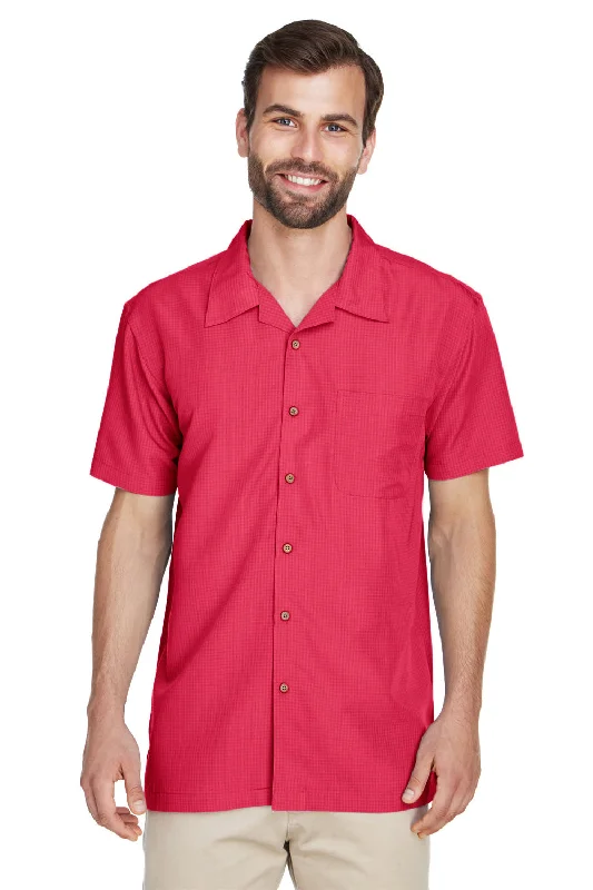 Fashionable Items Harriton Mens Barbados Wrinkle Resistant Short Sleeve Button Down Camp Shirt w/ Pocket - Parrot Red