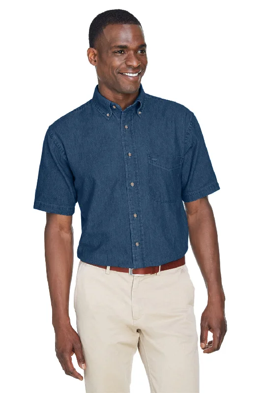 Bright Colors Harriton Mens Denim Short Sleeve Button Down Shirt w/ Pocket - Dark Denim
