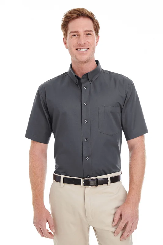 Trends Harriton Mens Foundation Stain Resistant Short Sleeve Button Down Shirt w/ Pocket - Dark Charcoal Grey - Closeout