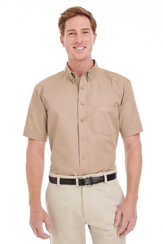 Fashionable And Fashionable Harriton Mens Foundation Stain Resistant Short Sleeve Button Down Shirt w/ Pocket - Khaki - Closeout