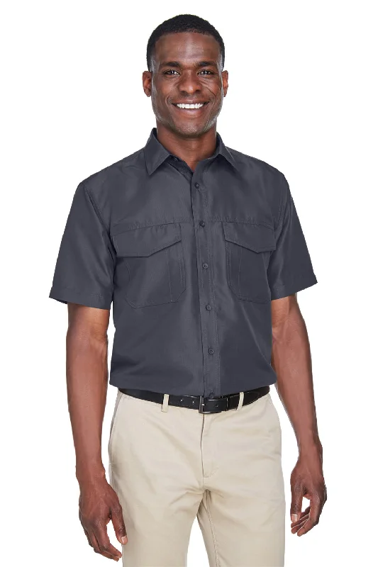 Classic Retro Harriton Mens Key West Performance Moisture Wicking Short Sleeve Button Down Shirt w/ Double Pockets - Dark Charcoal Grey