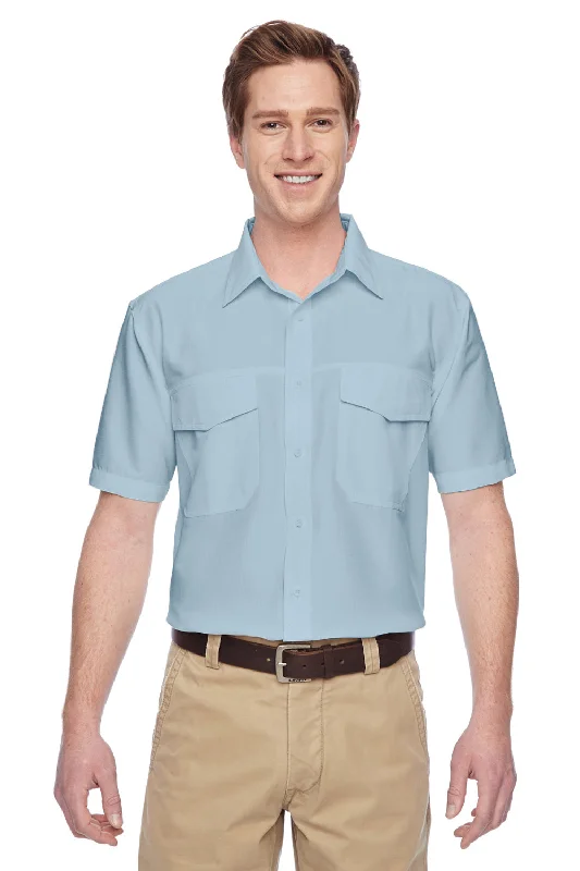 Integrated Design Harriton Mens Key West Performance Moisture Wicking Short Sleeve Button Down Shirt w/ Double Pockets - Cloud Blue