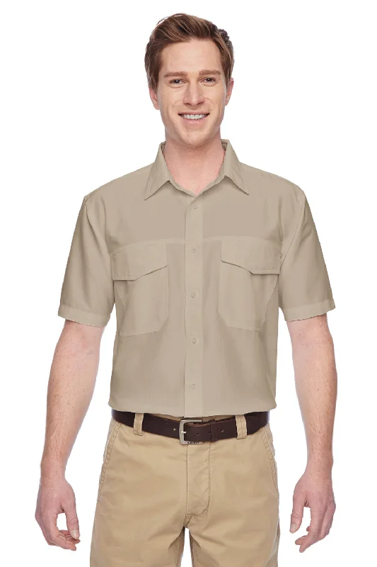 Avant-garde Design Harriton Mens Key West Performance Moisture Wicking Short Sleeve Button Down Shirt w/ Double Pockets - Khaki