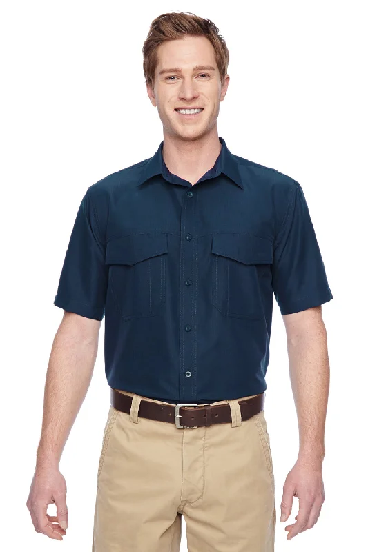 Comfortable Series Harriton Mens Key West Performance Moisture Wicking Short Sleeve Button Down Shirt w/ Double Pockets - Navy Blue