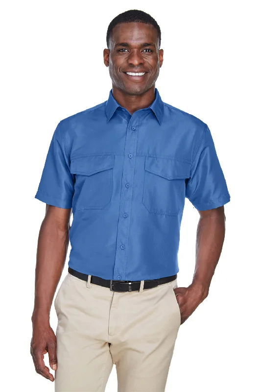 Minimal Style Harriton Mens Key West Performance Moisture Wicking Short Sleeve Button Down Shirt w/ Double Pockets - Pool Blue
