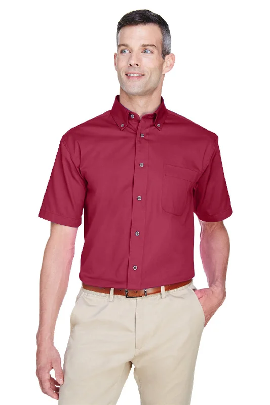 Embroidered Letters Harriton Mens Wrinkle Resistant Short Sleeve Button Down Shirt w/ Pocket - Wine