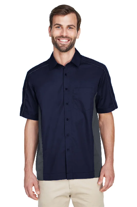 Romantic Data North End Mens Fuse UV Protection Short Sleeve Button Down Shirt w/ Pocket - Classic Navy Blue/Carbon Grey - Closeout