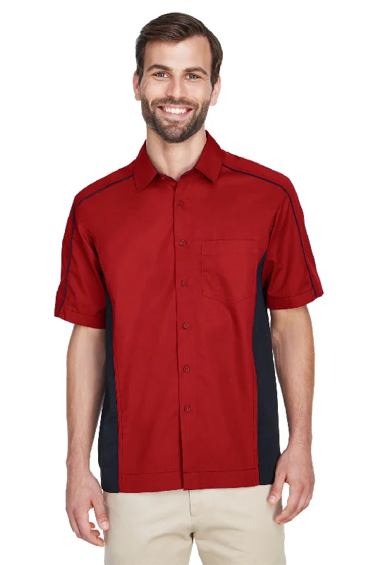 Luxury Style North End Mens Fuse UV Protection Short Sleeve Button Down Shirt w/ Pocket - Classic Red/Black - Closeout