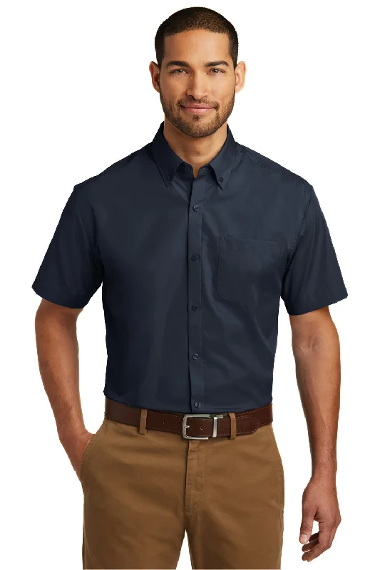 Outdoor Trend Port Authority Mens Carefree Stain Resistant Short Sleeve Button Down Shirt w/ Pocket - River Navy Blue