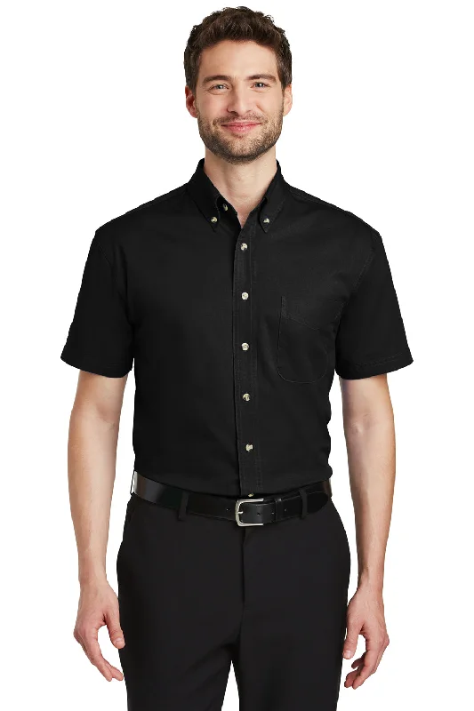 Exquisite Fabrics Port Authority Mens Short Sleeve Button Down Shirt w/ Pocket - Black