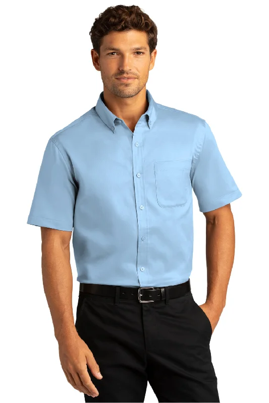 Dessert Matching Port Authority Mens SuperPro Wrinkle Resistant React Short Sleeve Button Down Shirt w/ Pocket - Cloud Blue