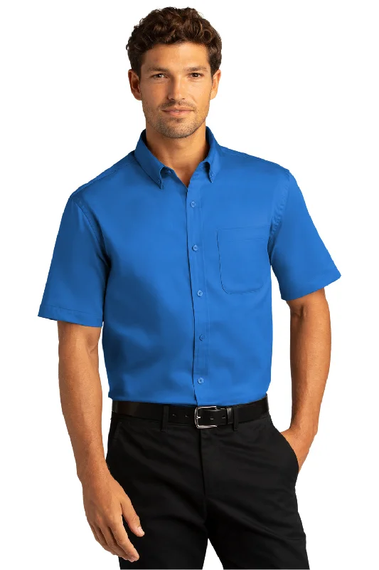 British Fashion Port Authority Mens SuperPro Wrinkle Resistant React Short Sleeve Button Down Shirt w/ Pocket - Strong Blue