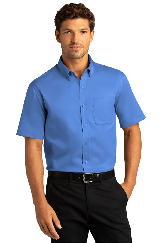 Girl Style Port Authority Mens SuperPro Wrinkle Resistant React Short Sleeve Button Down Shirt w/ Pocket - Ultramarine Blue