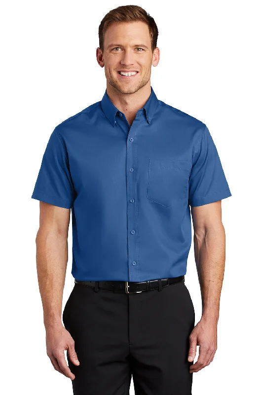 Perfect Tailoring Port Authority Mens SuperPro Wrinkle Resistant Short Sleeve Button Down Shirt w/ Pocket - True Blue