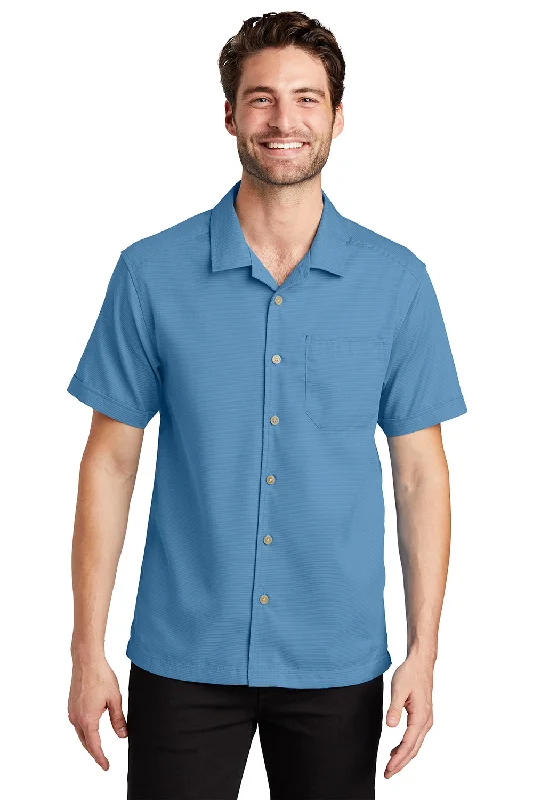 Personal Charm Port Authority Mens Wrinkle Resistant Short Sleeve Button Down Camp Shirt w/ Pocket - Celadon Blue - Closeout