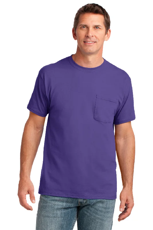 Breathable Style Port & Company Mens Core Short Sleeve Crewneck T-Shirt w/ Pocket - Purple - Closeout