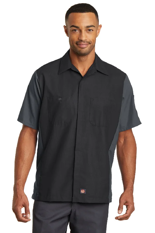 Elegant And Charming Red Kap Mens Crew Moisture Wicking Short Sleeve Button Down Shirt w/ Double Pockets - Black/Charcoal Grey