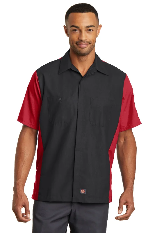 Comfortable Fashion Red Kap Mens Crew Moisture Wicking Short Sleeve Button Down Shirt w/ Double Pockets - Black/Red