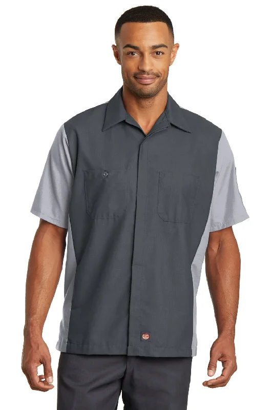 Youthful Street Fashion Red Kap Mens Crew Moisture Wicking Short Sleeve Button Down Shirt w/ Double Pockets - Charcoal Grey/Light Grey