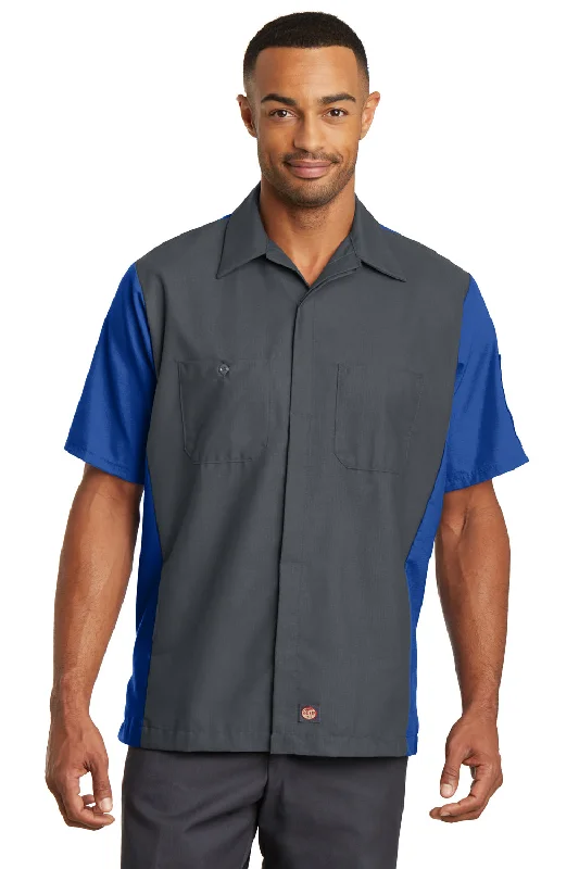 Fashionable Prints Red Kap Mens Crew Moisture Wicking Short Sleeve Button Down Shirt w/ Double Pockets - Charcoal Grey/Royal Blue
