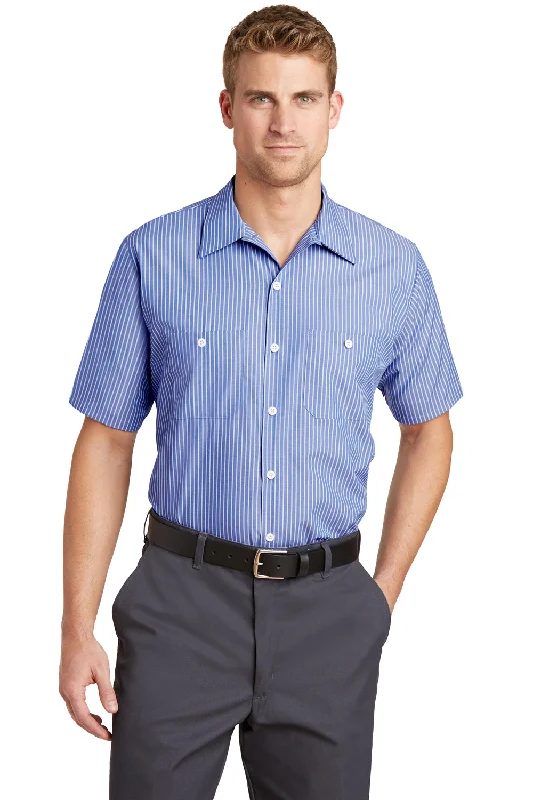 Luxe Comfort Red Kap Mens Industrial Moisture Wicking Short Sleeve Button Down Shirt w/ Double Pockets - Blue/White - Closeout