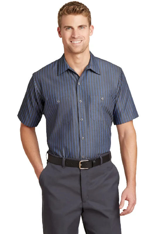 Street Charm Red Kap Mens Industrial Moisture Wicking Short Sleeve Button Down Shirt w/ Double Pockets - Grey/Blue